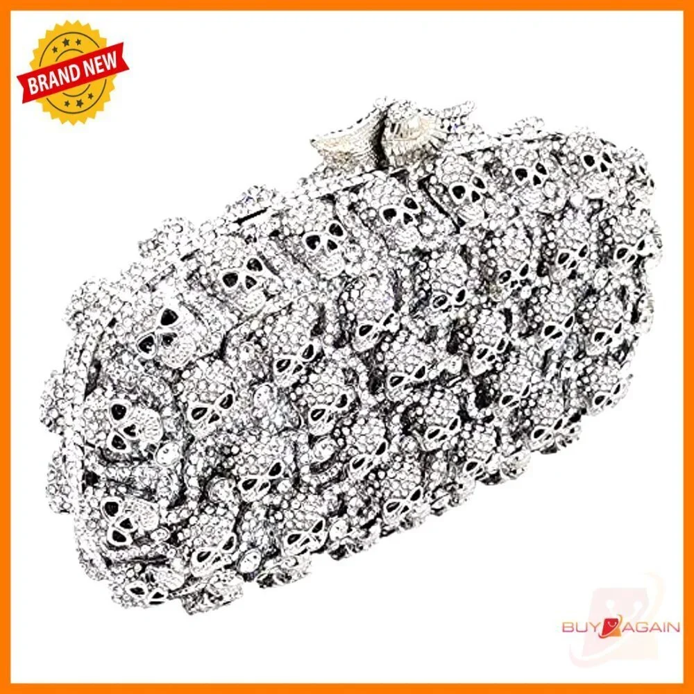 Mini Skull Rhinestone Clutch Evening Bag with Detachable Chain Straps